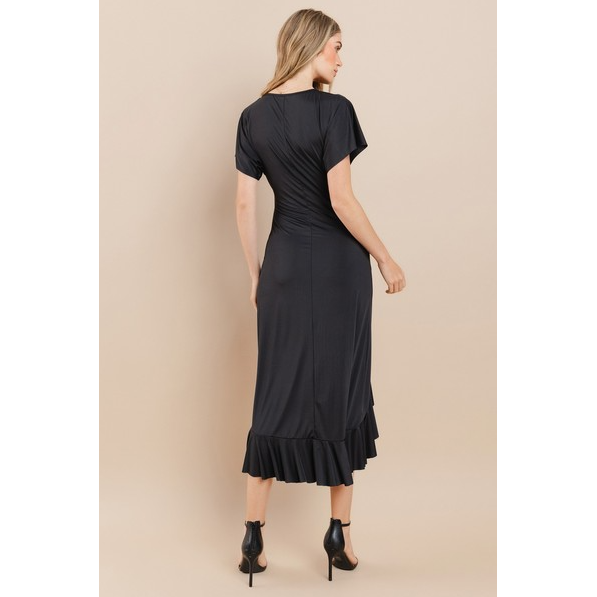 Vanilla Bay Women's Solid Knit Short Sleeve V-Neck Ruffle Side Slit Dress