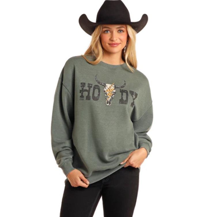 Rock & Roll Women's Long Sleeve Oversized Pullover with Studs-Teal