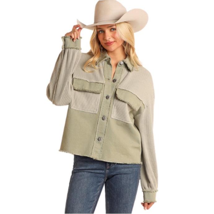 Rock & Roll Women's Long Sleeve Waffle Top with Concho Buttons-Jade