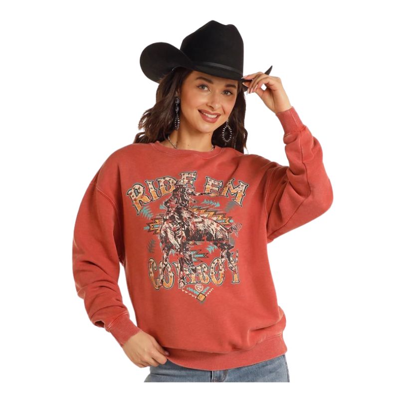 Rock & Roll Women's Long Sleeve Oversized Pullover with Studs- Scarlet