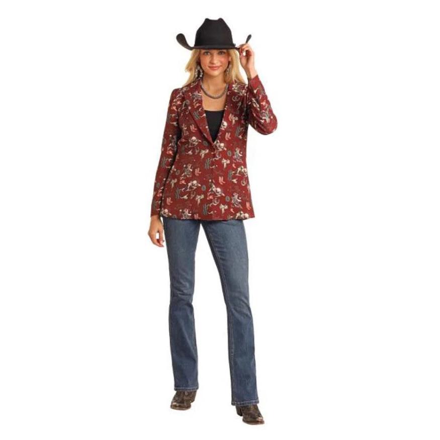 Rock & Roll Women's Long Sleeve Retro Conversational Blazer-Brown
