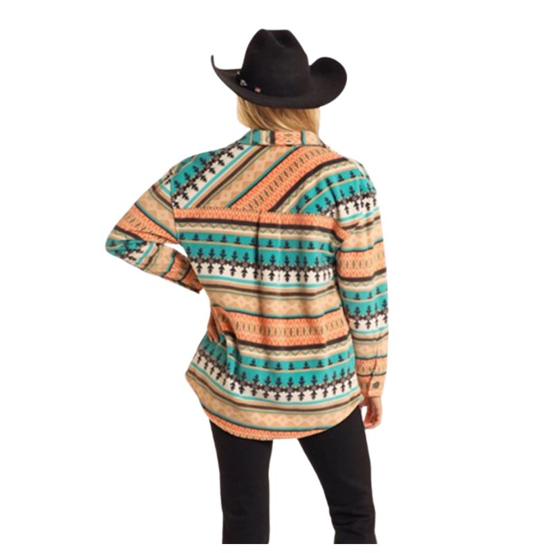 Rock & Roll Women's Aztec Fleece Shacket- Turquoise