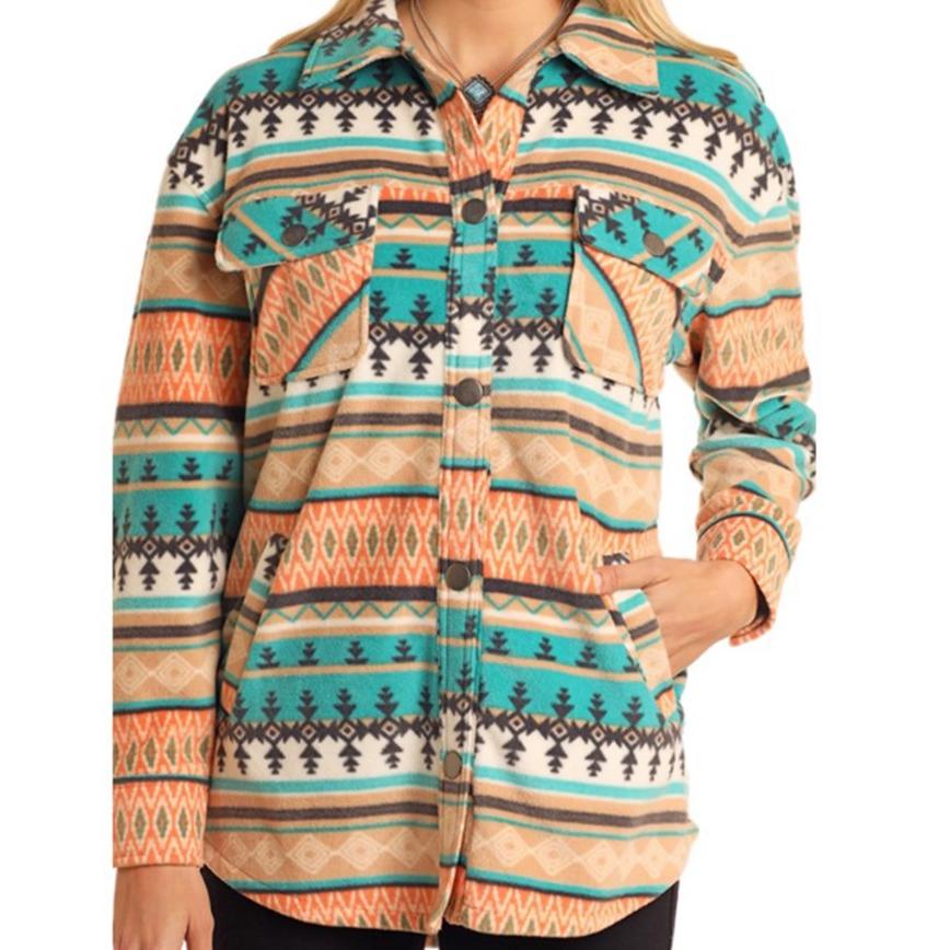 Rock & Roll Women's Aztec Fleece Shacket- Turquoise