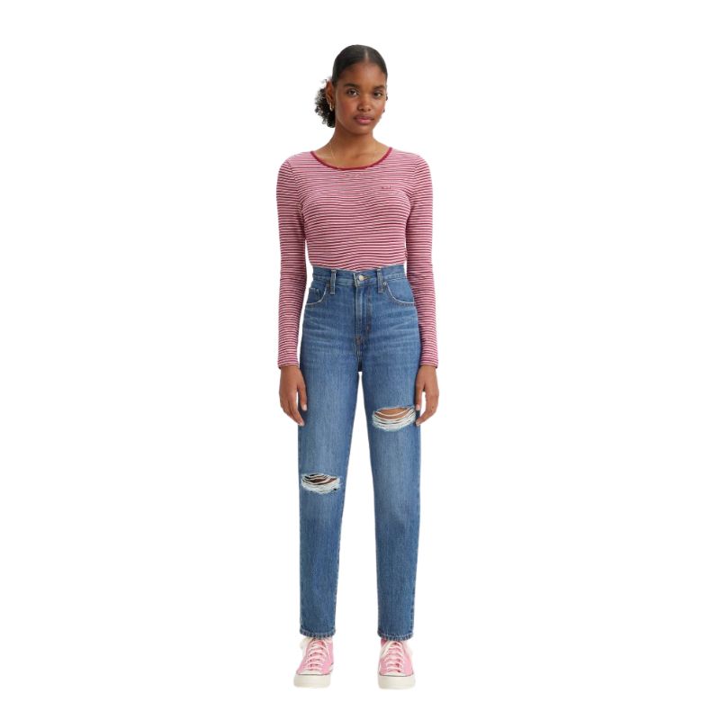 Levi Women's High Rise Mom Jeans - Fun Mom (Mid Wash Deconstructed)