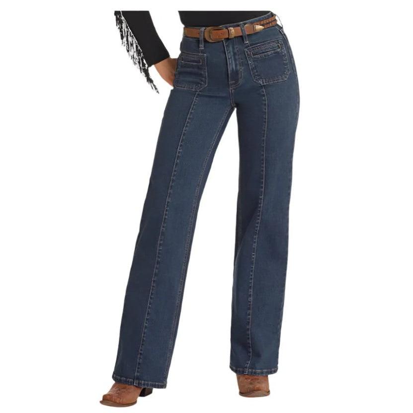 Rock & Roll Women's Patch Pocket Relaxed Flare Leg Jeans - Medium Wash