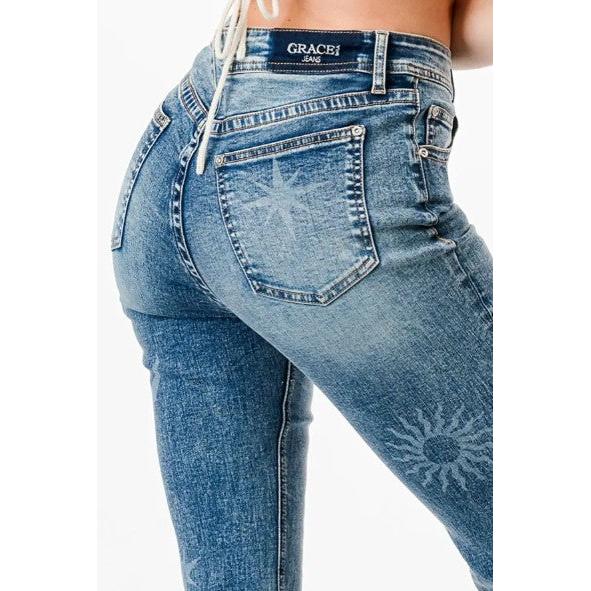 Grace in LA Women's Jeans - Split Flare - Star/Moon Print