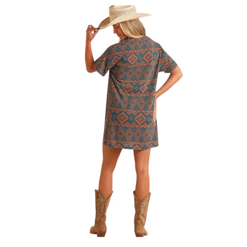 Rock & Roll Women's Aztec Printed Tee Shirt Dress- Teal