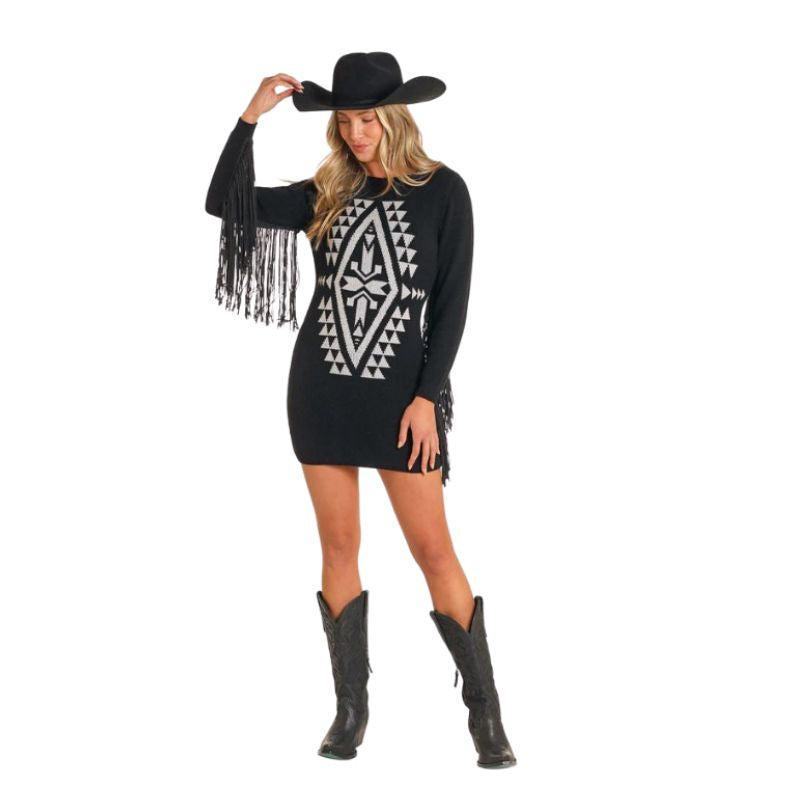 Rock & Roll Women's Aztec Sweater Dress with Fringe - Black