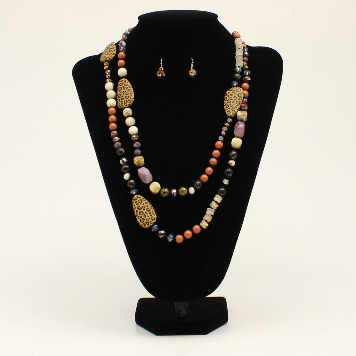 Silver Strike Necklace & Earrings Set - Leopard Multi-Coloured Beads