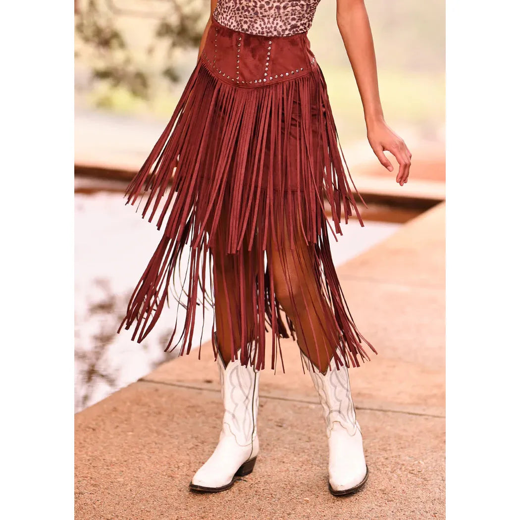 Rock & Roll Women's Midi Microsuede Fringe Skirt - Wine