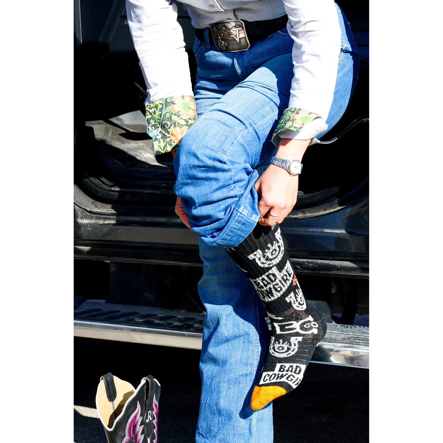 Lucky Chuck Bad Cowgirl Co. CO Branded Orange/Black Performance Boot Socks