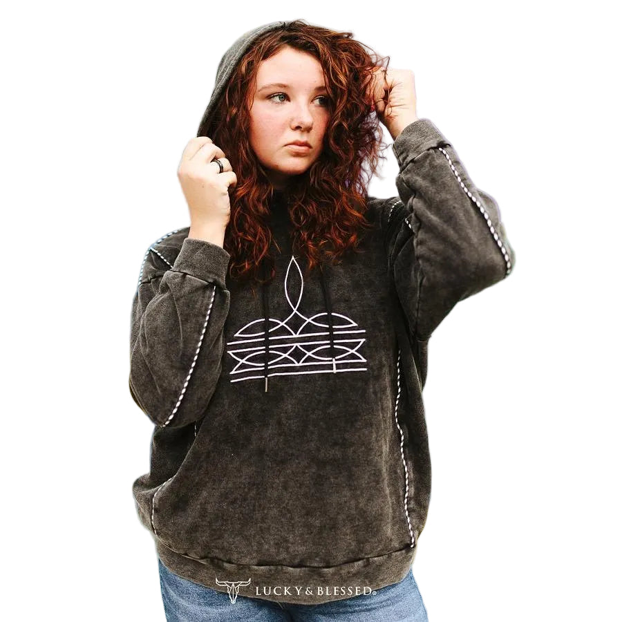 Lucky & Blessed Women's Contrast Boot Stitched Embroidered Hoodie - Black Mineral Wash