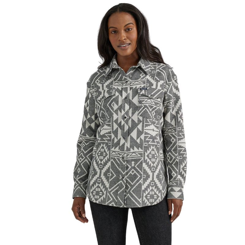 Wrangler Women's Long Sleeve Long Sleeve Retro Snap Aztec Shirt- Black