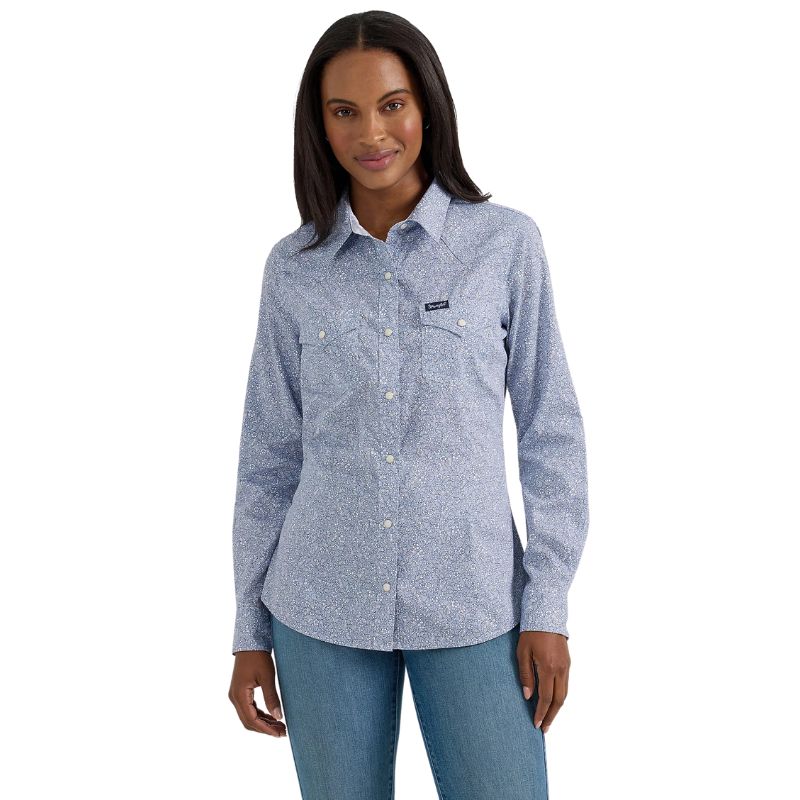 Wrangler Women's Long Sleeve Retro Western Dress Shirt- Blue