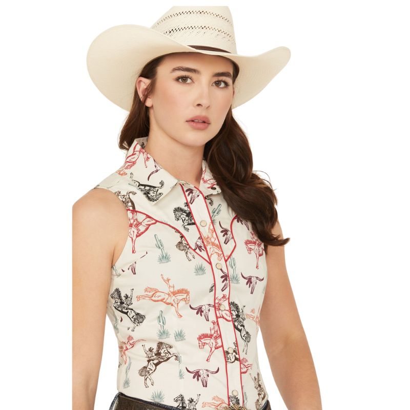 Rock & Roll Women's Horse Print Sleeveless Snap Shirt- Natural