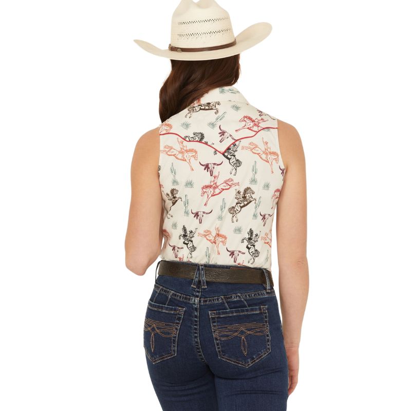 Rock & Roll Women's Horse Print Sleeveless Snap Shirt- Natural