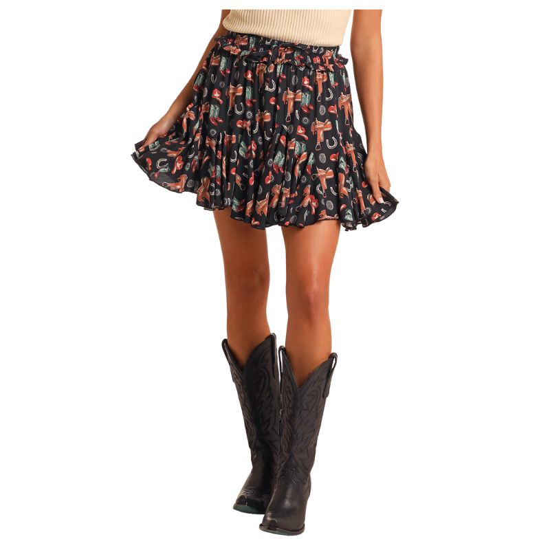 Rock & Roll Women's Conversational Godet Miniskirt- Black