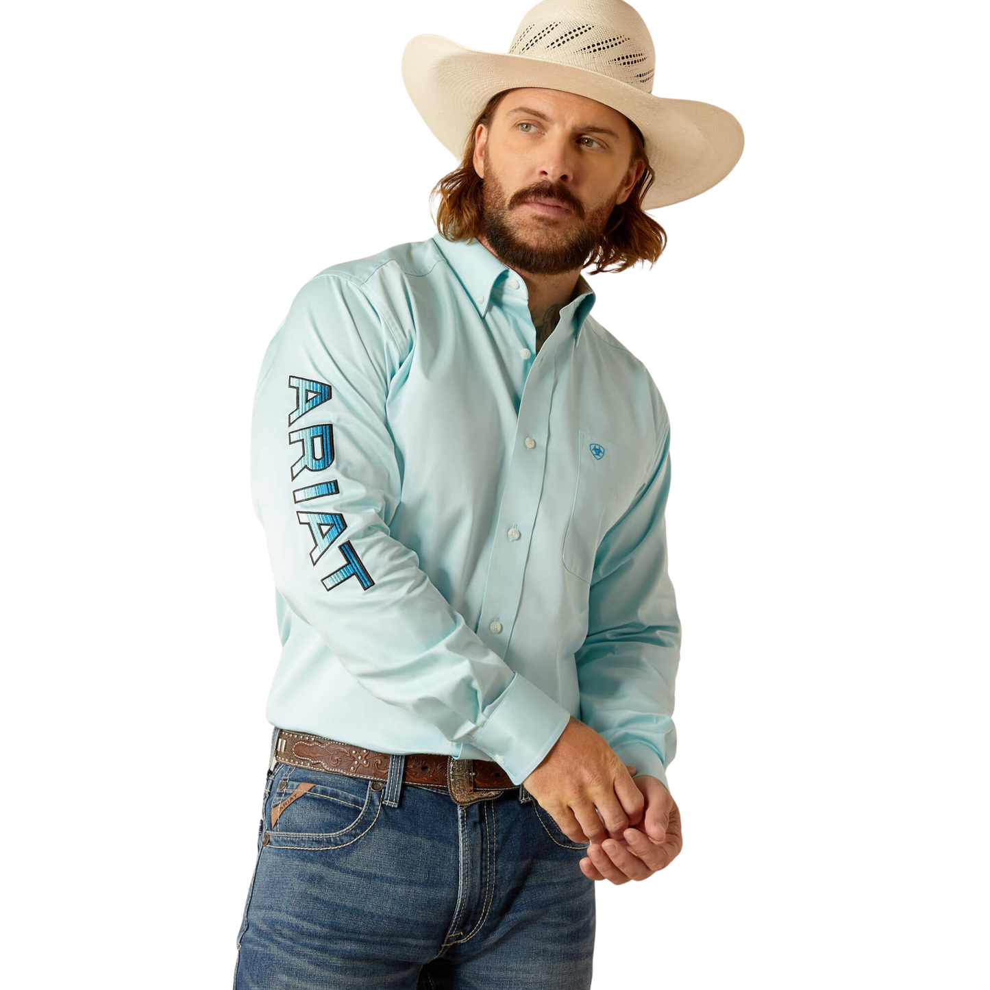 Ariat Men's Team Logo Twill Fitted Long Sleeve Shirt - Light Aqua