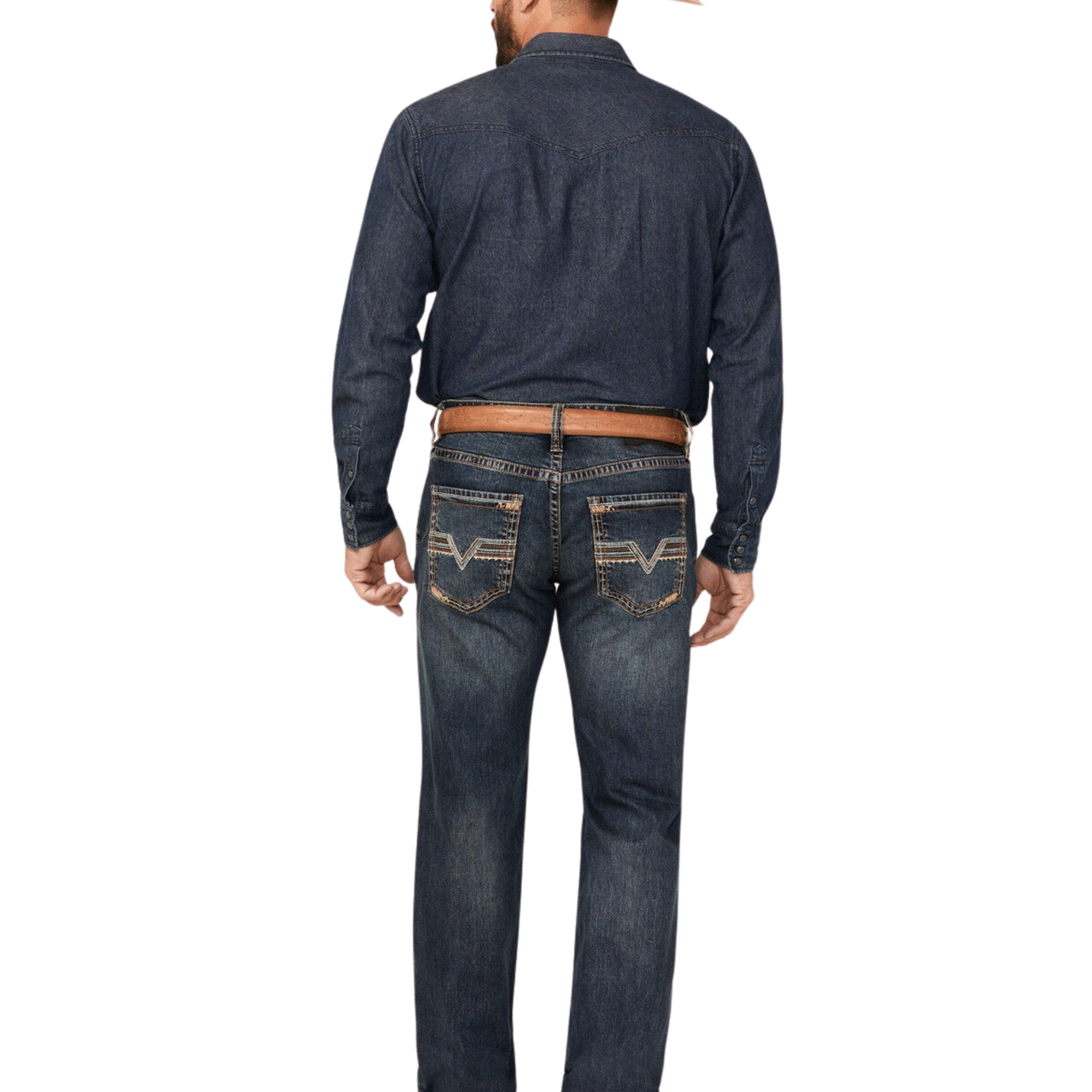 Rock & Roll Men's Regular Fit V Shape Emblem Pistol Straight Let Jeans- Dark Vintage