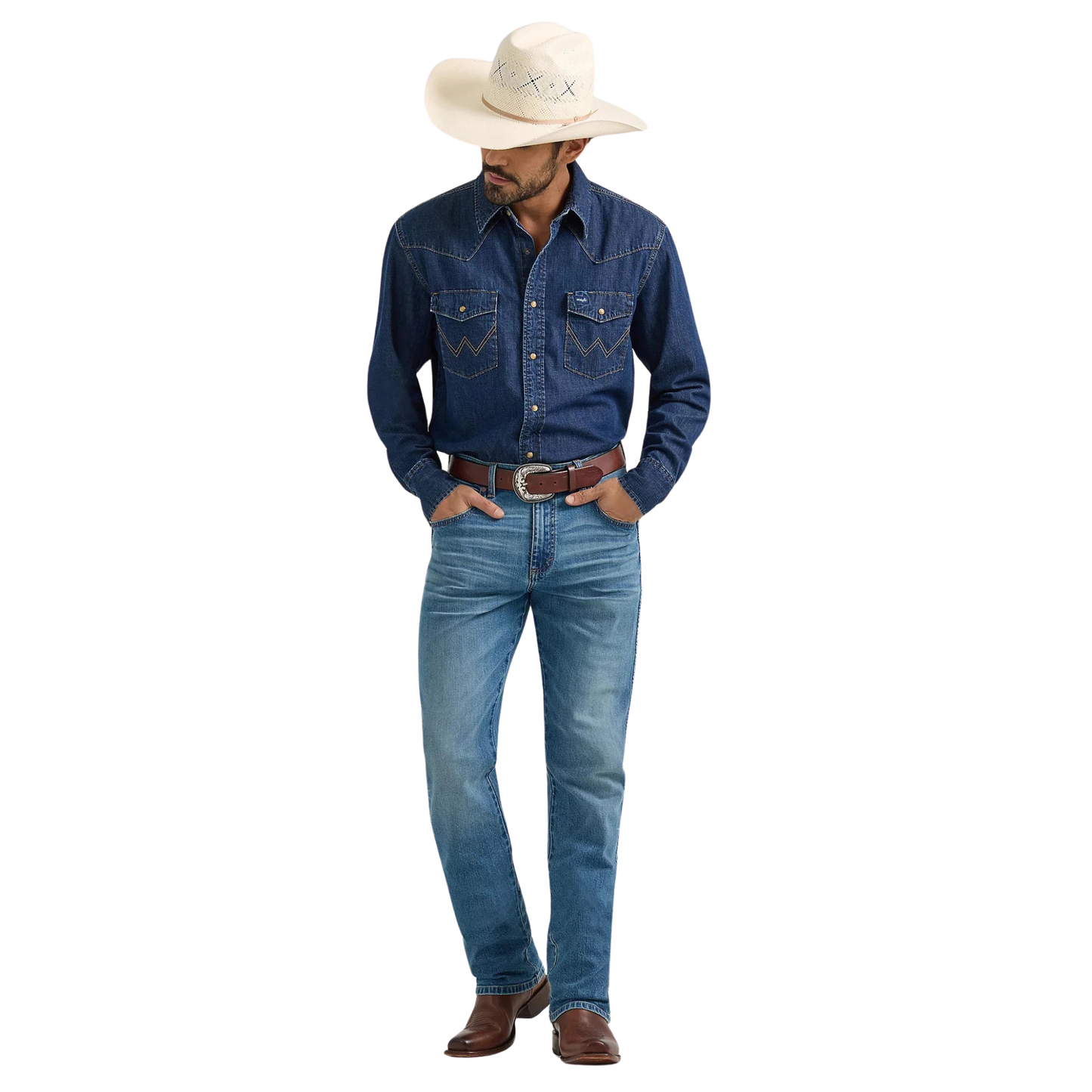 Wrangler Men's Long Sleeve Denim Shirt - Medium Wash