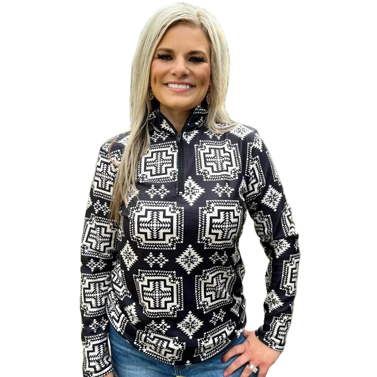 Sterling Kreek Women's Long Sleeve Down in the Hills Pullover - Black/White - Irvine Tack & Western Wear