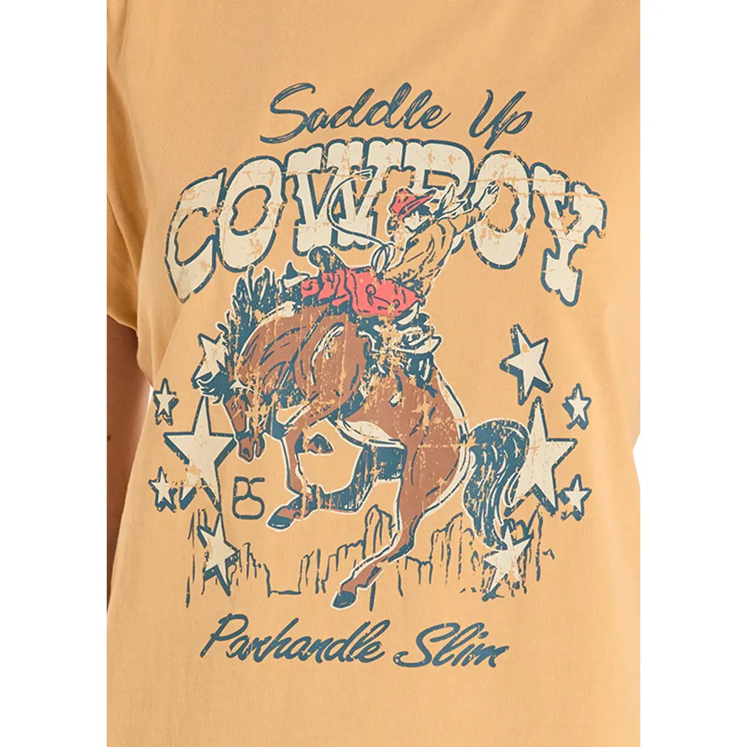 Panhandle Slim Women's Cowboy Graphic Cap Sleeve Tee Shirt - Mustard
