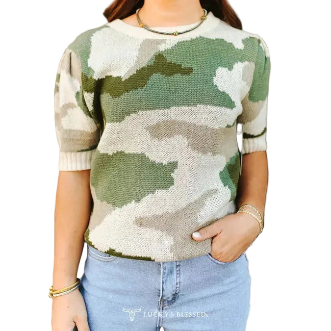 Lucky & Blessed Women's Cable Knit Puff Sleeve Sweater Top - Camo
