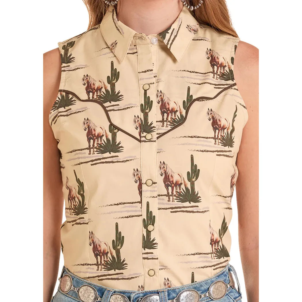 Rock & Roll Women's Novelty Retro Spirit Print Sleeveless Snap Top - Natural