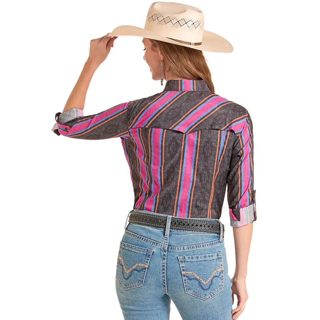 Rock & Roll Women's Tek Ripstop Western Bright Stripe Print LS Shirt - Black