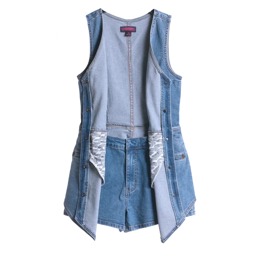 Rock & Roll Women's Sleeveless Denim Vest Romper - Medium Wash