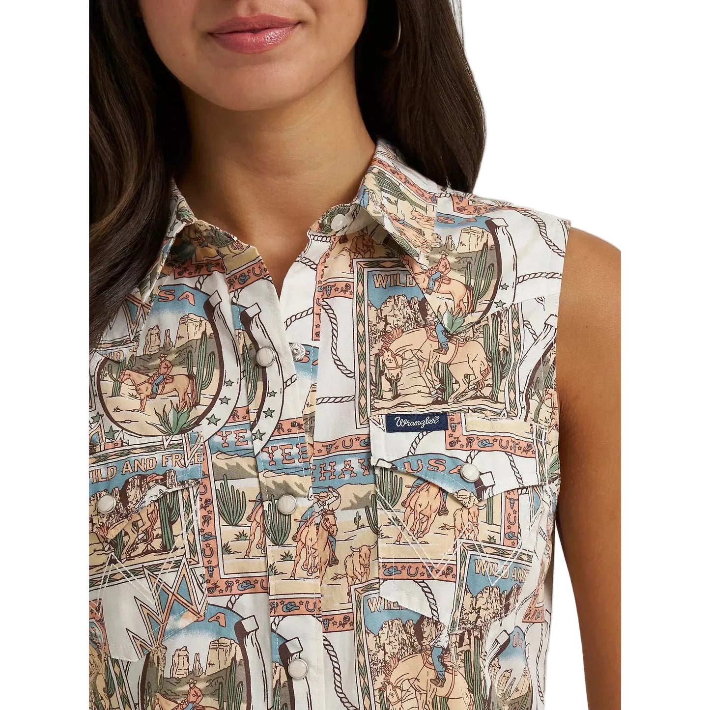 Wrangler Women's Bold Print Sleeveless Western Snap Shirt - Cream