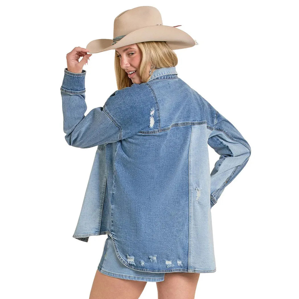 Rock & Roll Women's Multi Tone Denim Shacket - Medium Wash
