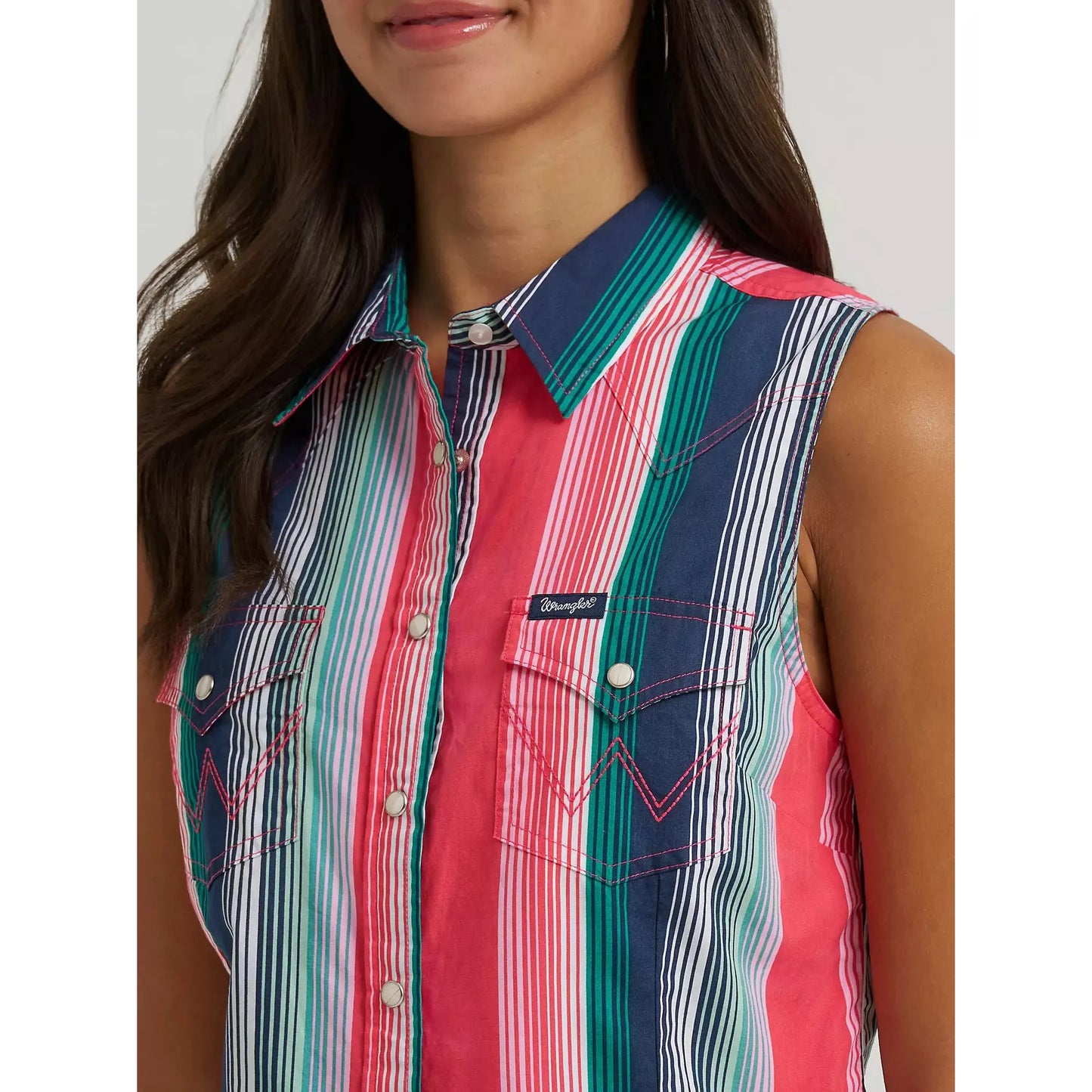 Wrangler Women's Striped Sleeveless Snap Shirt - Pink/White