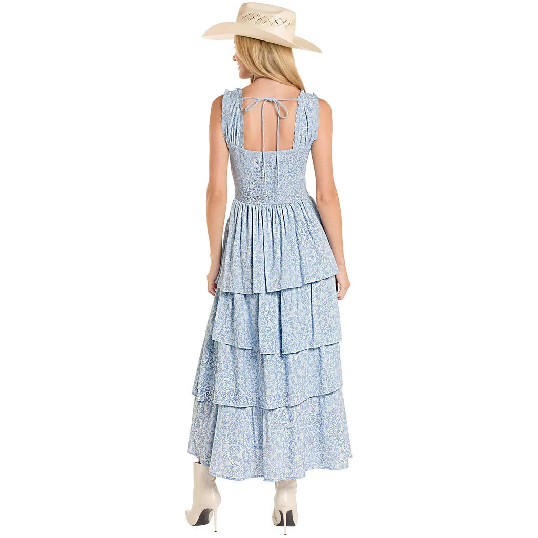 Rock & Roll Women's Floral Print Ruffle Tiered Maxi Dress - Blue