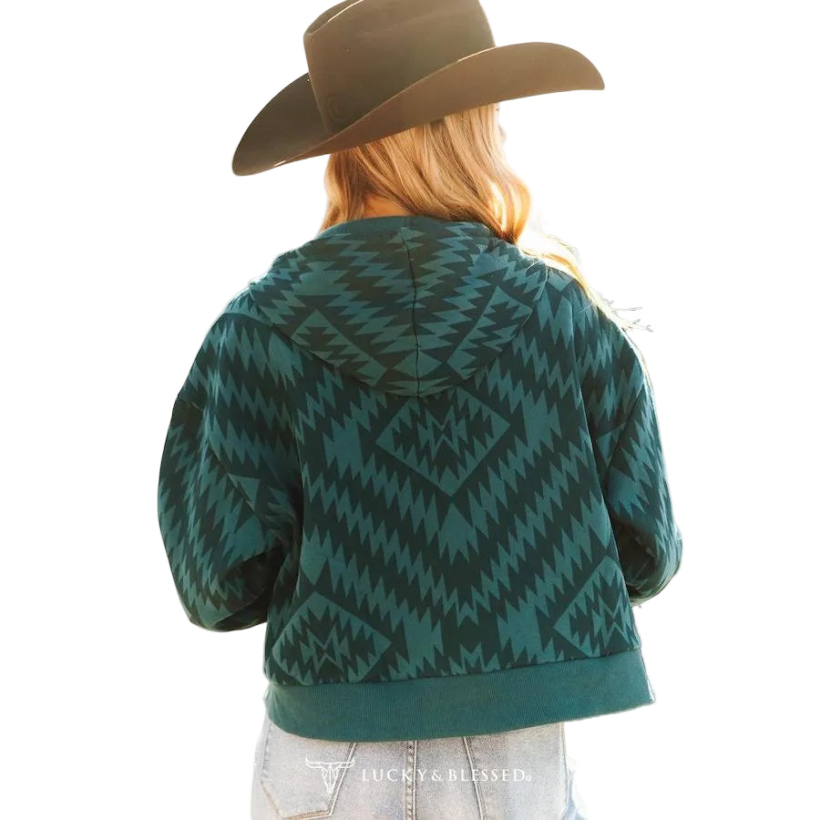 Lucky & Blessed Women's Aztec Printed Zip Up Crop Hoodie - Teal