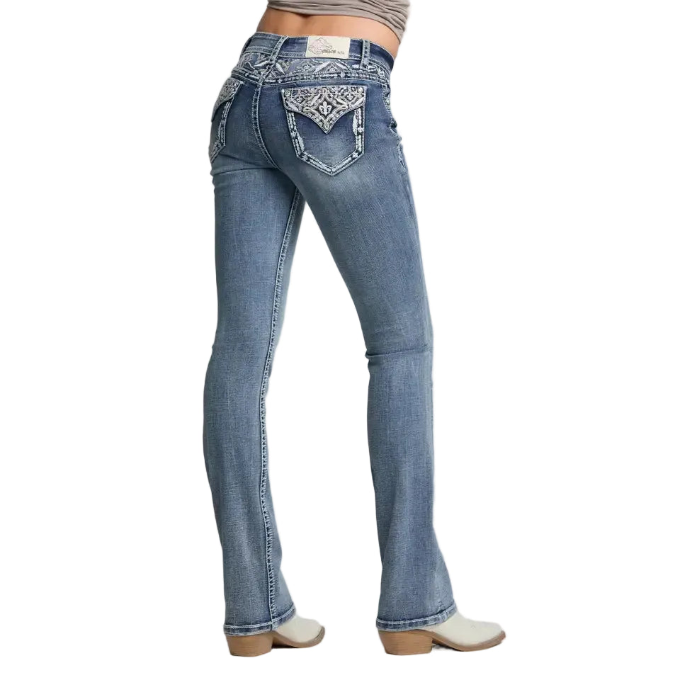Grace in LA Women's Aztec Yoke Embroidery Mid Rise Boot Cut Jeans