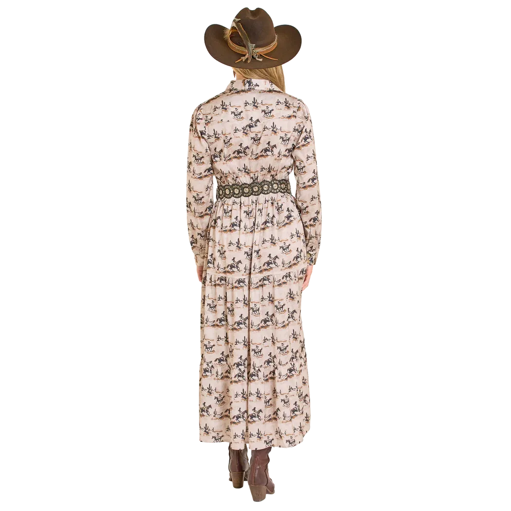 Panhandle Women's Western Horse Print Satin Long Sleeve Maxi Dress - Tan