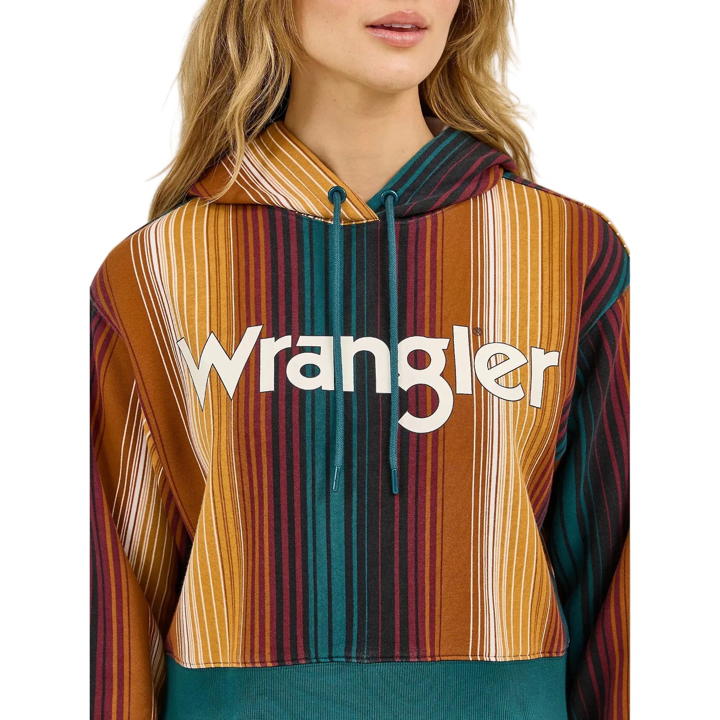 Wrangler Women's Striped Serape Long Sleeve Cropped Hoodie Serape - Teal