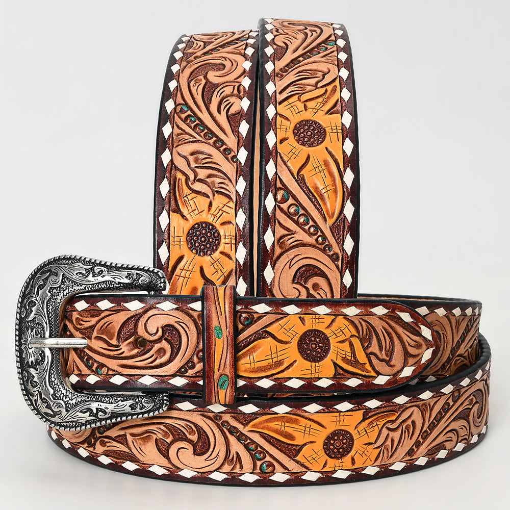 American Darling Leather Tooled Western Belt with Sunflower Accents & Whipstitch Edge