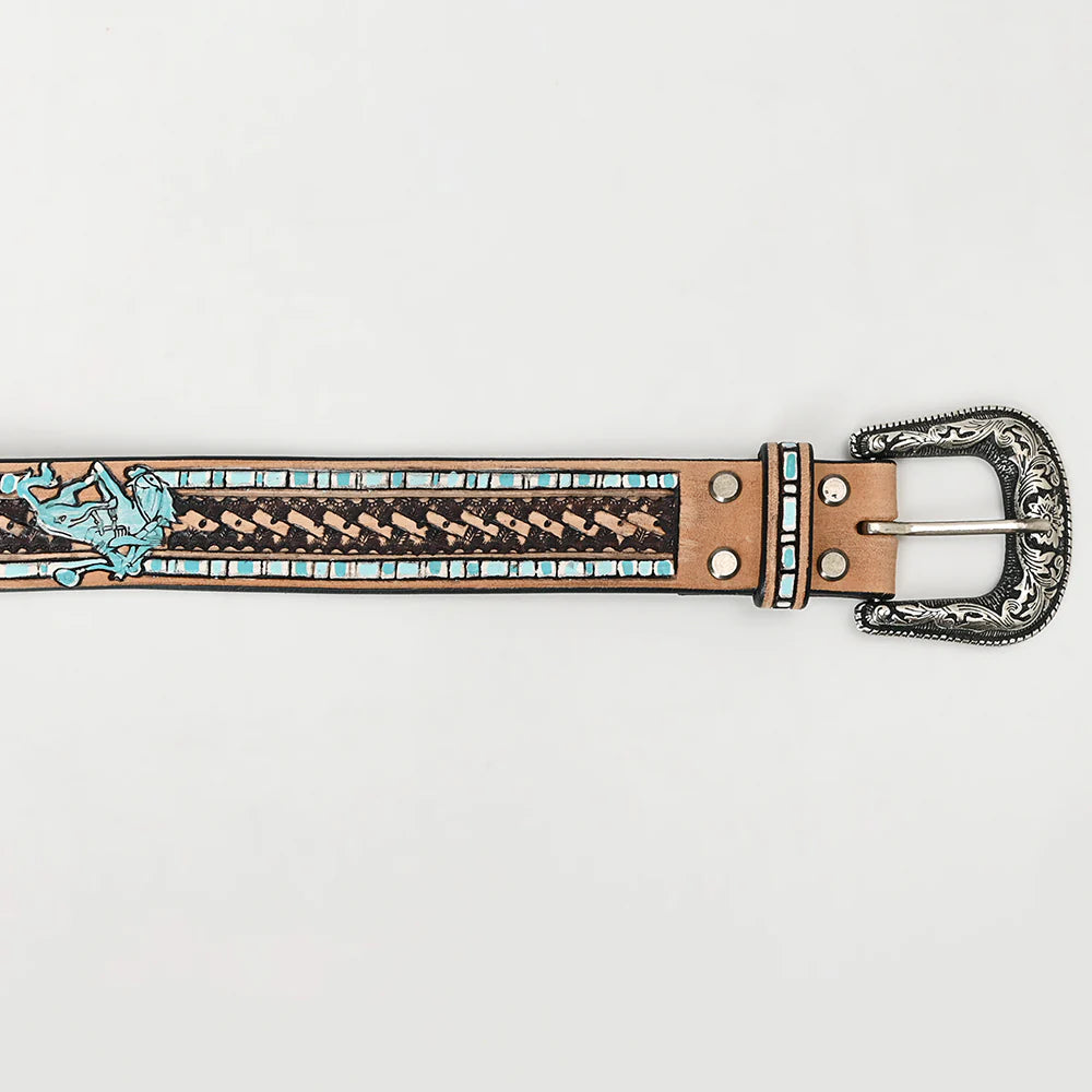 American Darling Rodeo Cowboy Hand Tooled Leather Belt with Silver Buckle - Turquoise