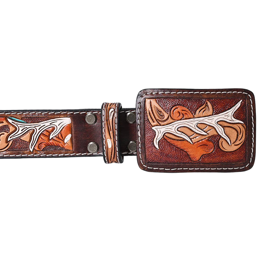 American Darling Tooled Leather Western Belt - White Antler & Scroll Floral Design - Brown