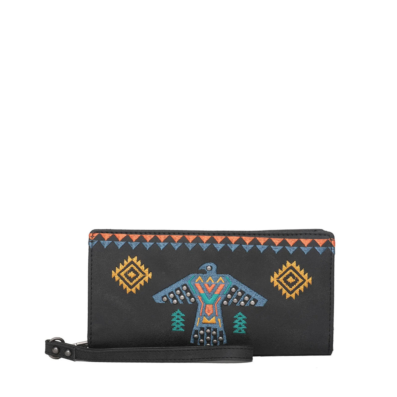 Wrangler Women's Embroidered Aztec Eagle Fringe Collection Wallet - Black