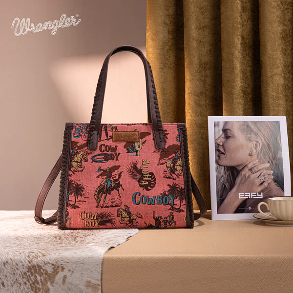 Wrangler Women's Vintage Retro Cowboy Cool Print Crossbody Purse - Hot Pink