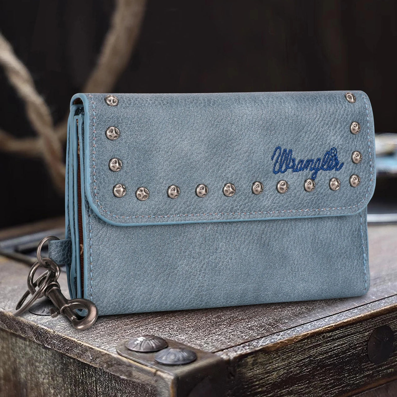 Wrangler Women's Studded Accents Tri-Fold Keychain Wallet - Jean