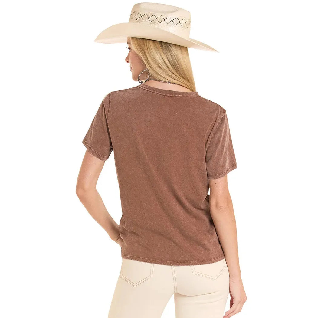 Rock & Roll Women's Embroidered Boot Stitch Tee Shirt - Mahogany