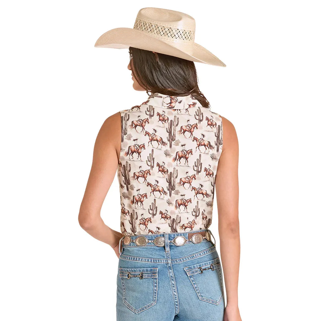 Panhandle Slim Women's Cactus Desert Print Sleeveless Shirt - Cream