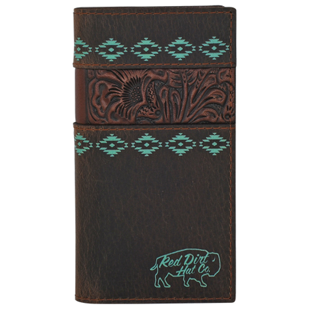 Red Dirt Men's Tooled Accent with Turquoise Design Junior Rodeo Wallet - Dark Brown