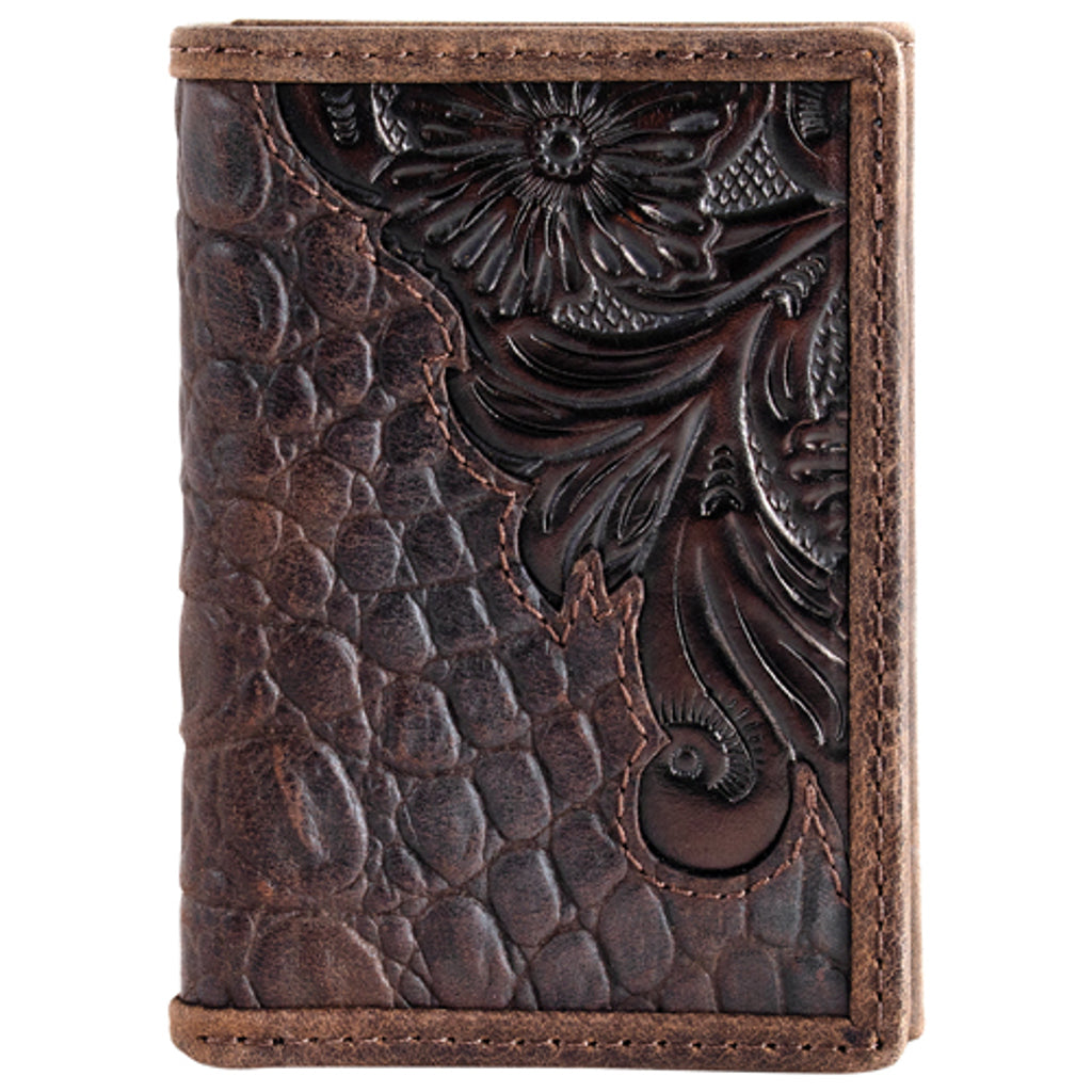 Tony Lama Men's Leather Trifold Wallet Scroll with Caiman Print - Brown