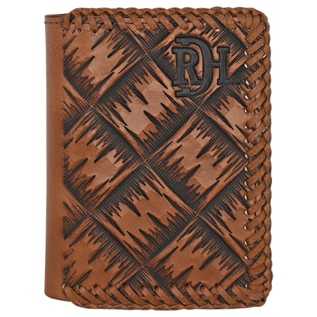 Red Dirt Men's XL Basketweave Tooled Pattern with Laced Leather Edge Trifold Wallet - Brown