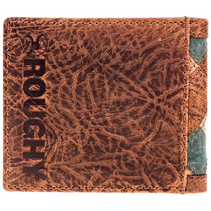 Hooey Ouray Roughy Ostrich Print Diamond Patch Leather Wallet - Brown/Turquoise